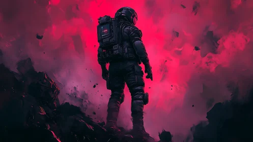 Lone space explorer bathing in electric pink cosmic clouds.