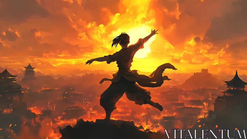 Silhouetted figure stands before burning city at sunset