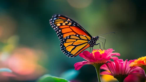 Monarch butterfly pausing gently on bright summer blooms.
