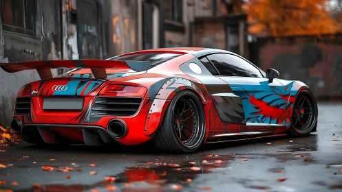 Modified Audi R8 with custom livery on wet urban street.