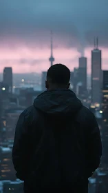 Silhouetted figure observing high-rise skyline at dusk.