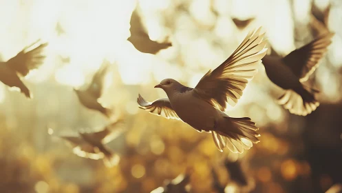 Flock of doves in flight at golden hour, soft focus photography.