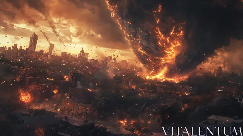 Fiery storm cloud rolls over a city in tense twilight calm