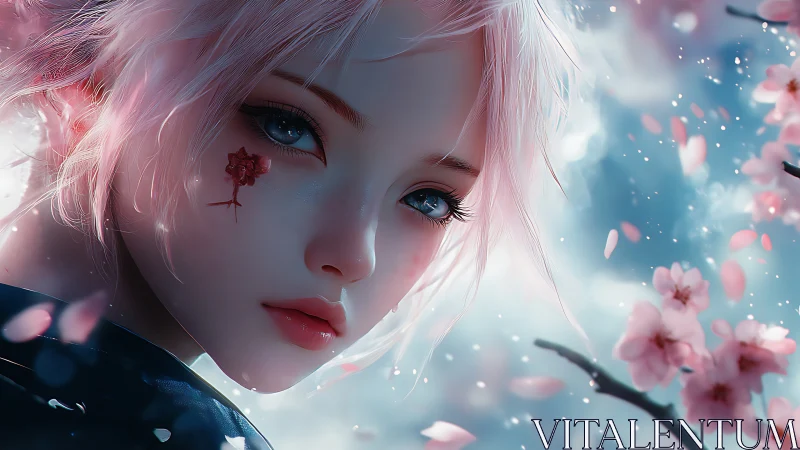 Anime cherry blossom portrait with ethereal bokeh depth.