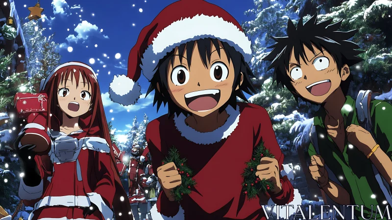 Festive anime friends in snowy nighttime Christmas street scene