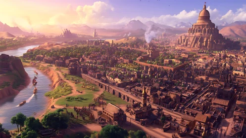 Golden light drapes a bustling ancient river kingdom in peace