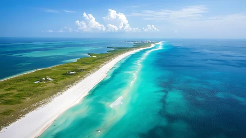 Aerial View of Narrow Barrier Island with Turquoise Gradient Waters.