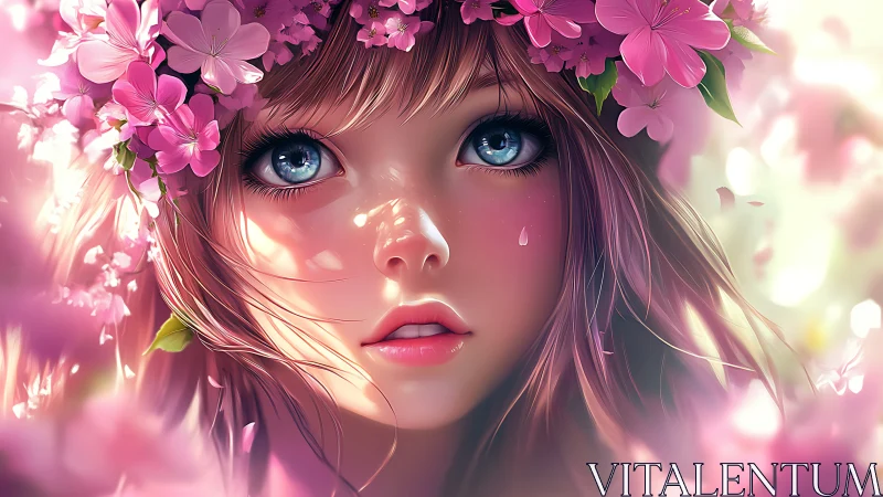 Digital portrait of blue-eyed girl with pink floral crown.