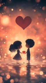 Two silhouetted figures holding a red heart shape under glowing bokeh.
