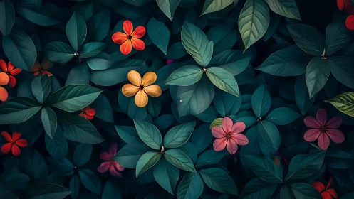 Colorful Blossoms Emerge Against Teal Foliage. Vibrant Garden Composition.
