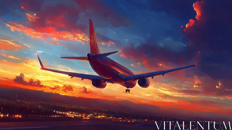 Airliner descends through saturated sunset skies in painterly light