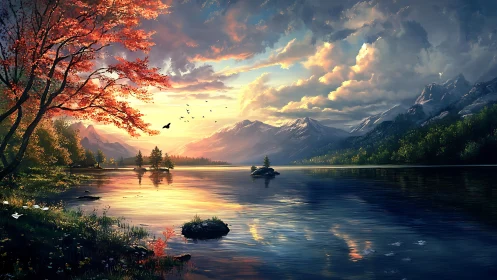 Sunset light spills across serene alpine lake and peaks.