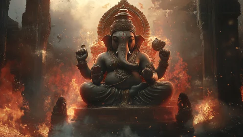 Monumental Ganesha sculpture illuminated by dynamic infernal backlighting