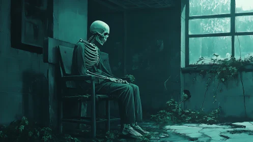 Skeleton seated in decayed interior near overgrown window.