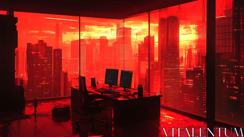 Cyberpunk office overlooks neon red city at sunset