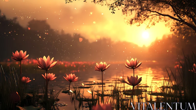 Sunlit water lilies stand in shallow pond at low horizon sunset