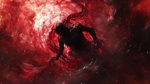 Shadowed figure dissolves into swirling crimson void.