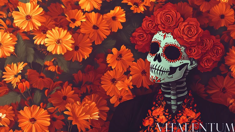 Floral sugar skull rests in marigolds with warm festive glow