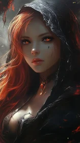 Fiery eyed sorceress in dark hooded cloak portrait.