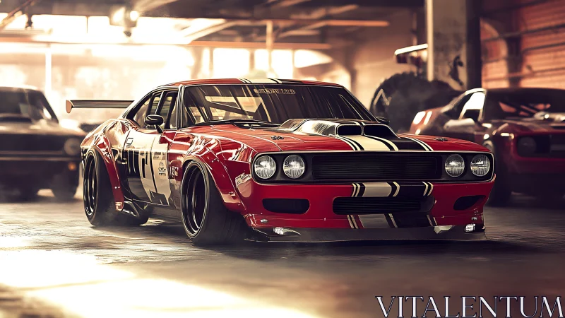 Red widebody muscle car dominates moody underground garage