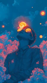 Stargazing dreamer soaks in glowing suns across the sky