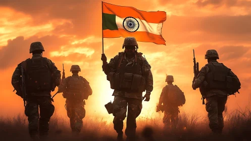 Sunset-backlit infantry squad advancing with Indian tricolor flag.