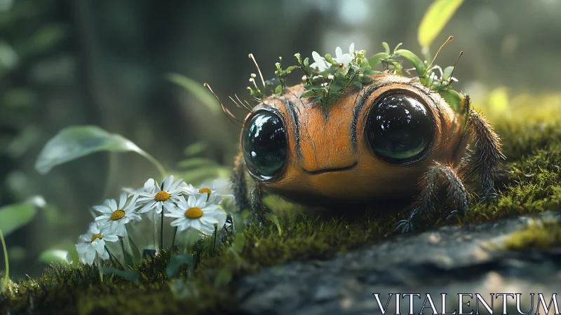 Macro-depth render of mossy forest creature with glossy occluded eyes