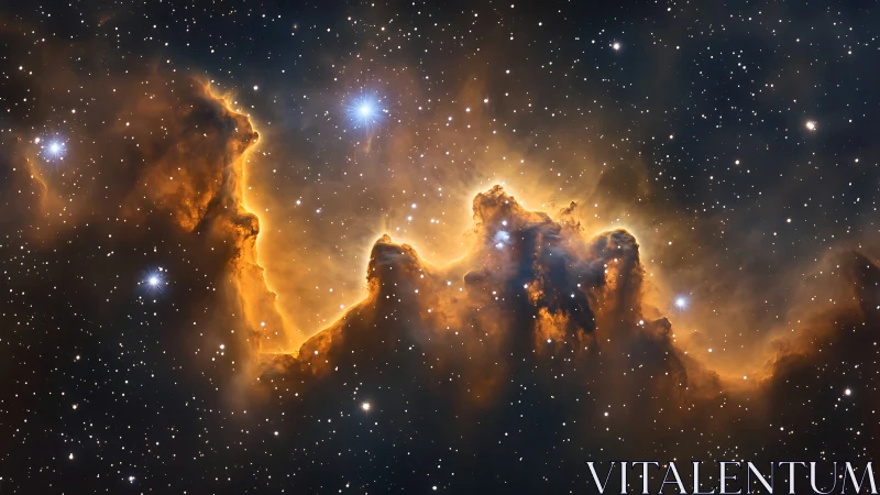 Glowing orange nebula ridge with bright stars in deep space.