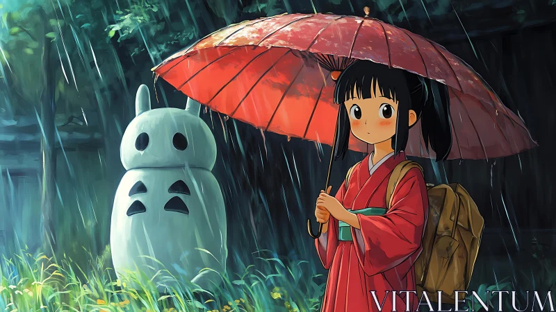 Rain-soaked shrine girl trades secrets with a forest spirit