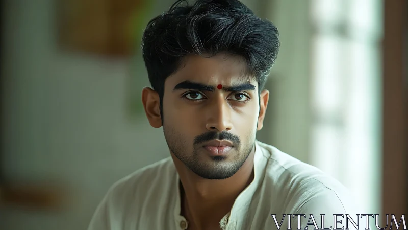 Calm gaze of a traditional young man in soft morning light.