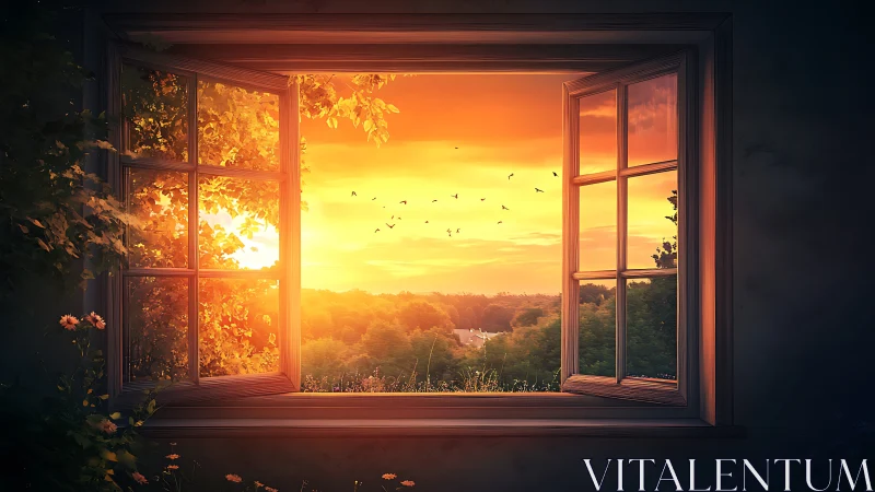 Golden sunset framed by an inviting open cottage window.