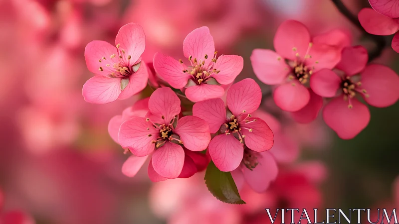 Pink flowering crabapple blossoms cluster with golden stamens.