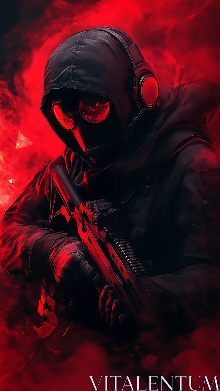 Tactical soldier silhouette in crimson smoke with rifle drawn