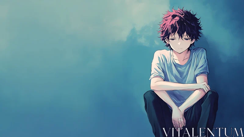 Melancholic anime boy seated against soft blue wall.