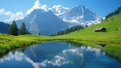 Quiet alpine cabin beside mirror bright mountain lake.