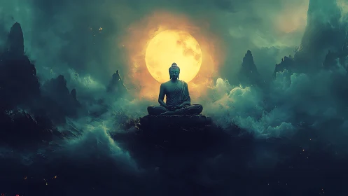 Luminous Buddha Silhouette Centered Before Ethereal Full Moon.
