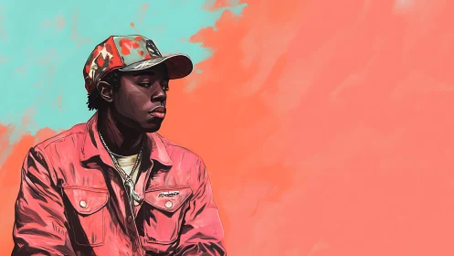 Young man in cap and jacket sits against coral background