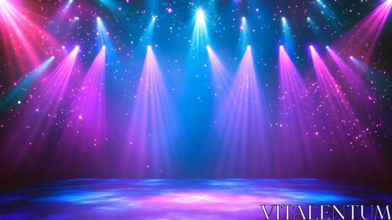 Vibrant stage lights cast neon beams across empty floor.