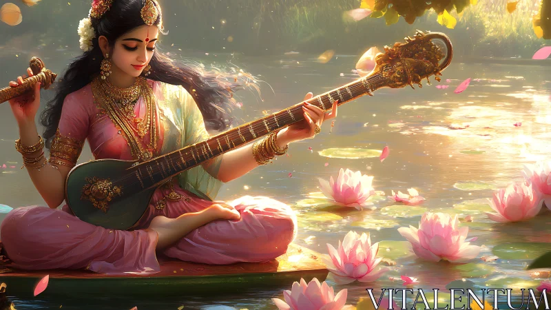 Lotus lake serenade with golden veena and tranquil grace.