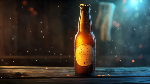 Backlit amber beer bottle with condensation on rustic wood