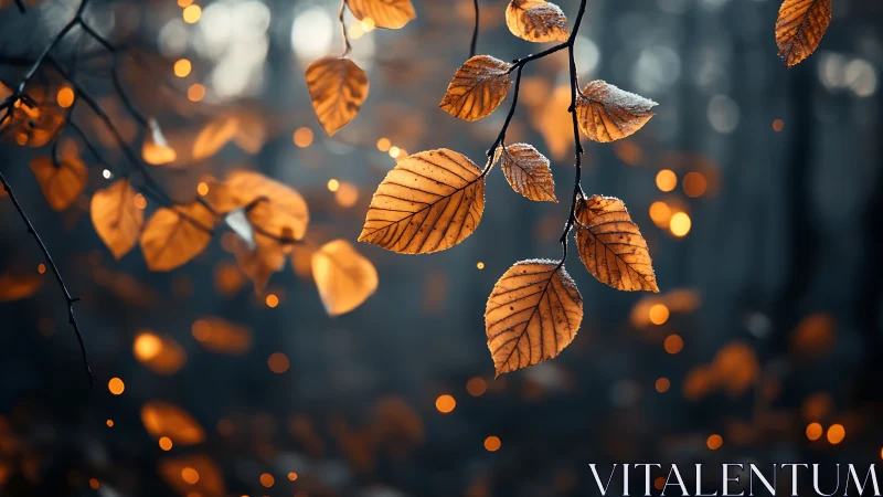 Amber leaves shimmer in winter dusk with emberlike bokeh glow.