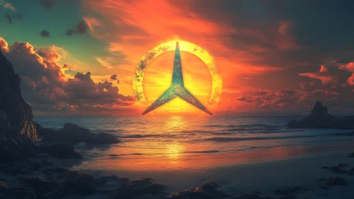 Sunset shoreline framed by glowing celestial emblem.