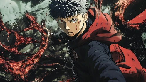 Fierce young fighter unleashes dark swirling power burst.