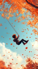 Child on autumn swing arcs high beneath glowing orange canopy.