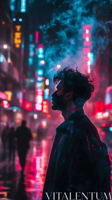 Silhouetted man stands in neon city street with rising smoke