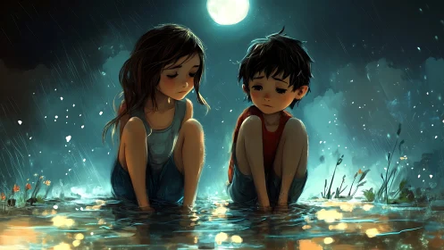 Two Children Wading Through Nocturnal Waters Under Moonlight.