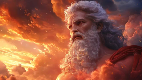 Volumetric godlike portrait in incandescent storm clouds.