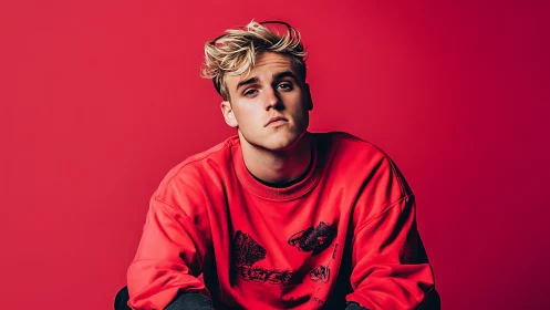 Portrait of young man in red sweatshirt against bold backdrop.