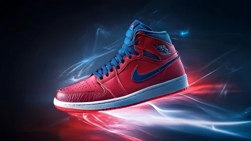 Red and blue athletic sneaker rendered with lighting effects