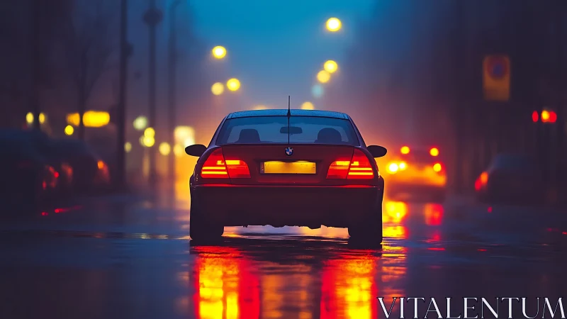Night drive glows as a red car cruises through misty city streets